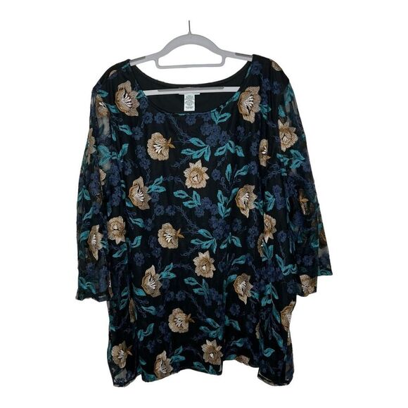 Catherines Tops - Catherines Top Womens 3X Embroidered Floral Overlay Textured Fairy Grunge Boho